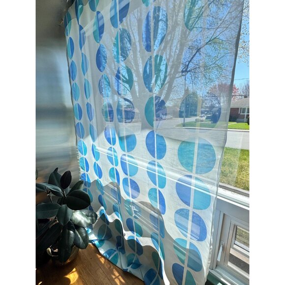 Vintage 70s curtain, blue oval geometric print, sheer, not hemmed, per panel - Picture 3 of 10